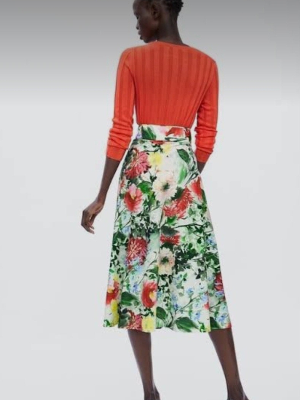 Zara Floral Midi Skirt in Green, Red and Cream